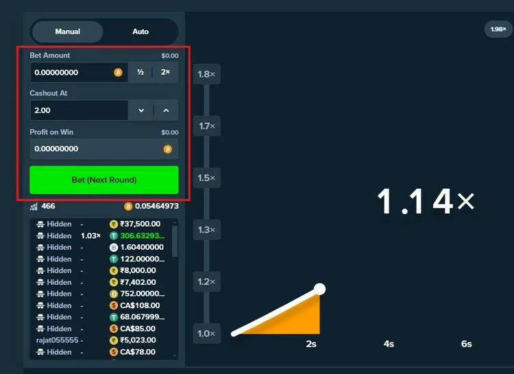 Stake.com Crash Game - Fields to fill